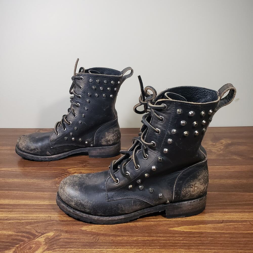 Frye Rogan Studded Distressed Lace up Boots Stonewash Black Womens 7 - Picture 7 of 10